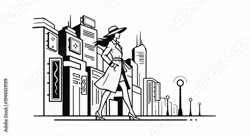 Stylized woman in a trench coat and hat walks past city buildings