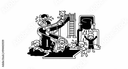 Cheerful cartoon children enjoying a water slide with splashing water