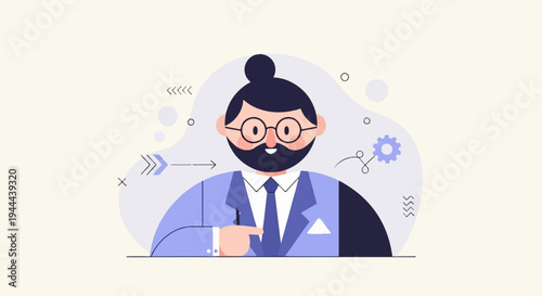 Character in a suit with glasses and beard points to a gear