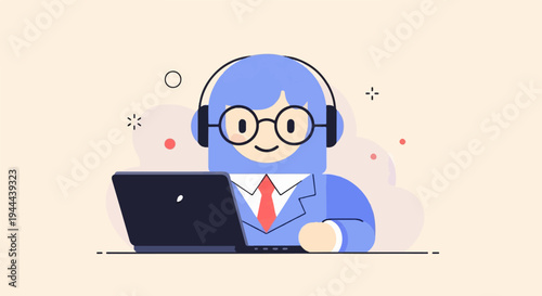 Cheerful cartoon character with headphones and glasses works on a laptop