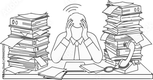 Stressed worker overwhelmed by piles of paperwork and ringing phone