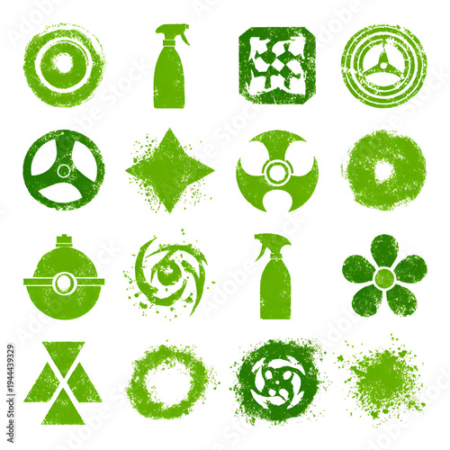 Green virus and bacteria icons set with spray sanitizer and medical symbols isolated on white