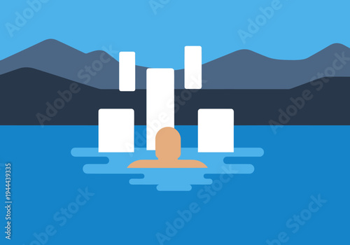 A person relaxes in a hot spring steam, surrounded by mountains. A serene and refreshing image, perfect for wellness and travel themes.