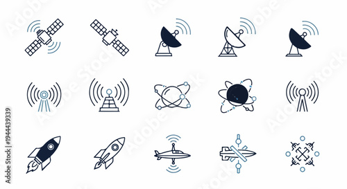 Collection of science and technology icons featuring satellites, antennas, and rockets