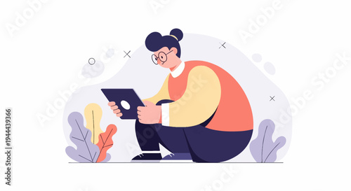 Stylized person with glasses using a tablet surrounded by abstract shapes and plants