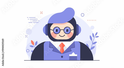 Cheerful cartoon person with headphones, glasses, and formal attire