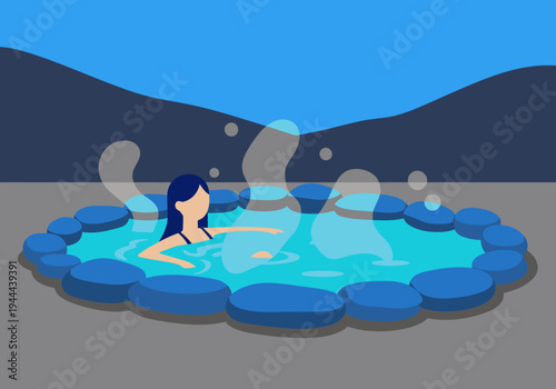 A woman relaxes in a hot spring mountain pool, enjoying the steam. A serene, vibrant scene perfect for wellness and travel visuals.