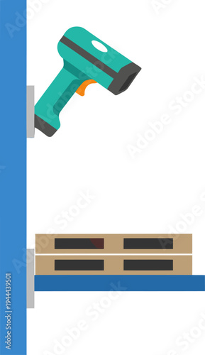 A smart inventory scanner scans a shelf, tracking items with a laser beam. Modern, clean illustration for logistics and supply chain visuals.
