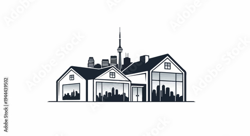 Stylized home with cityscape reflected in windows against a cityscape backdrop