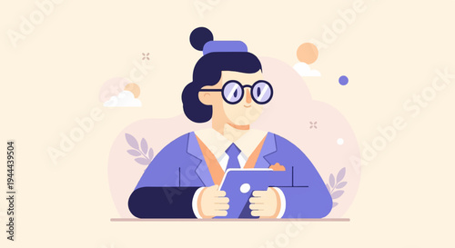 Stylized figure in suit holding a tablet, soft background