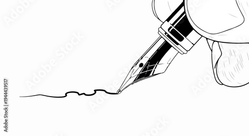 Close-up of a hand holding a fountain pen, writing a wavy line