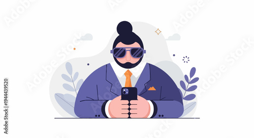 Stylized man in suit and sunglasses using a smartphone with abstract background