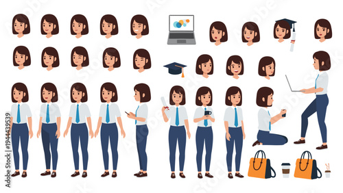 Character creation kit for a young female professional featuring diverse facial expressions, poses, outfits, and accessories.