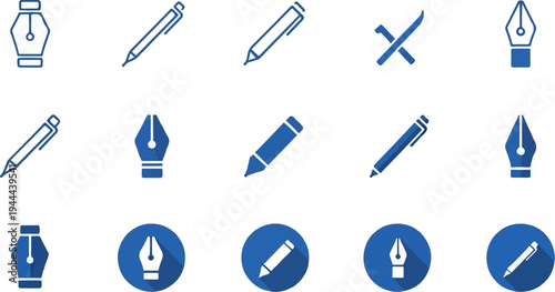 Collection of blue icons representing writing tools, including pens and nibs