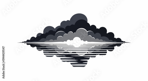 Stylized dark clouds mirrored over a horizon line of horizontal lines
