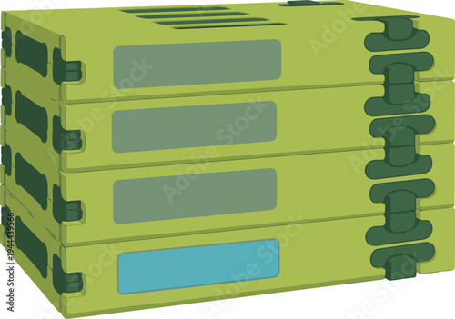 A stack of recyclable bioplastic camp panels showcases sustainable outdoor living. Modern, green design with a clear focus on eco-friendly materials and construction.