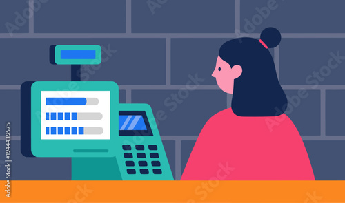 A stylish woman pays at a modern payment terminal in a retail setting. Clean lines and a vibrant color palette create a professional and appealing visual.