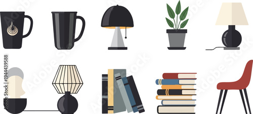 Collection of home decor items mugs, lamps, plant, books, and chair