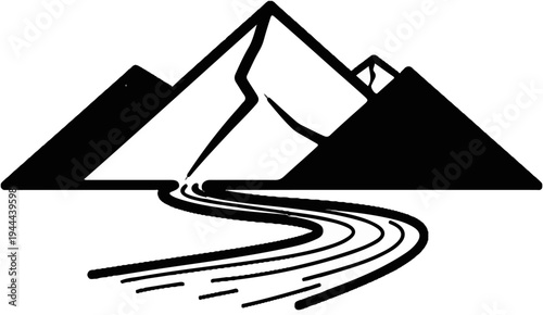 Stylized mountain peaks with a winding river flowing downwards