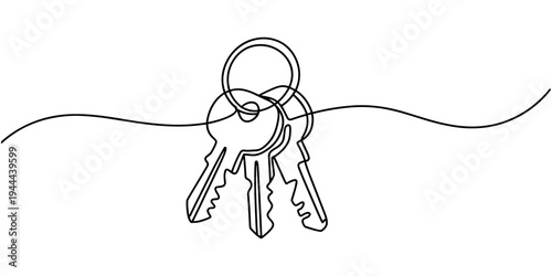 Continuous one line drawing of a house with a key, Set of keys against white background, Single line drawing symbol of house keys, Real estate line icon vector design, Key icon. Vector illustration