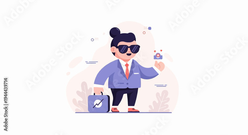 Stylized businessman with sunglasses, briefcase, and holding a token