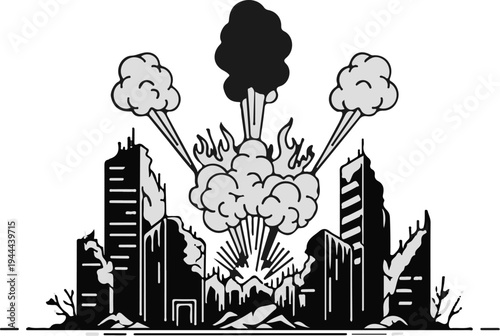 Destroyed city with buildings ablaze and smoke plumes rising from explosion