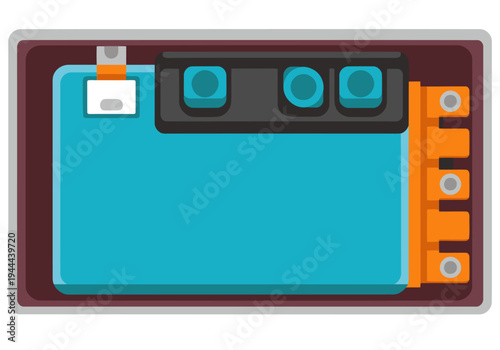 A stylized illustration of a lithium battery module block. Clean, modern design with serial number and branding. Ideal for tech, energy, and electronics visuals.