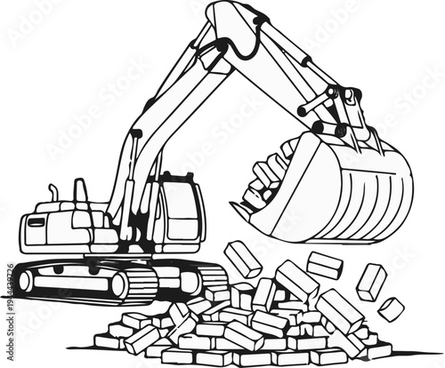 Excavator digs up and dumps bricks, creating a pile on ground