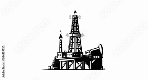 Stylized black and white illustration of an oil rig and pumpjack