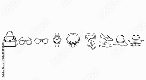 Fashionable accessories line-up bag, glasses, watch, necklace, scarf, shoes, hats