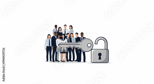Diverse team unlocking opportunities with a symbolic key and open padlock