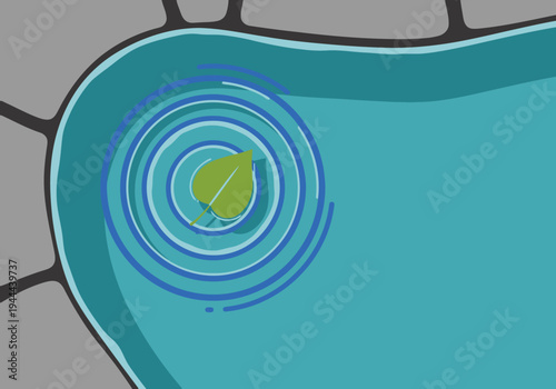 stylized illustration depicts a water surface tension pool with ripples The design features a leaf and clear water conveying tranquility and natural beauty Perfect for wellness and relaxation themes