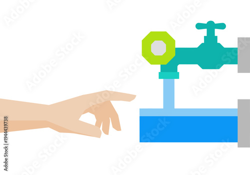 A stylized hand reaches for a faucet dispensing clean water.  ?Clean Water Access? text highlights the concept. Modern, flat design illustration.