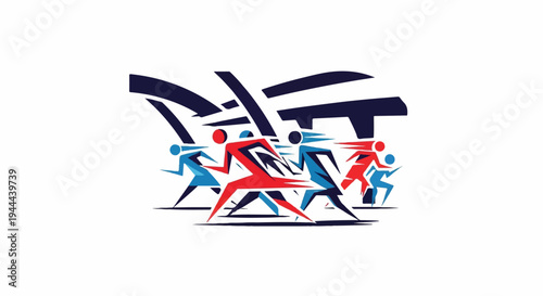 Stylized runners in motion with abstract background elements