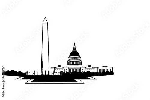 Stylized black and white silhouette of iconic national landmarks