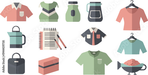 Flat design icons of clothing, kitchenware, office supplies, and food