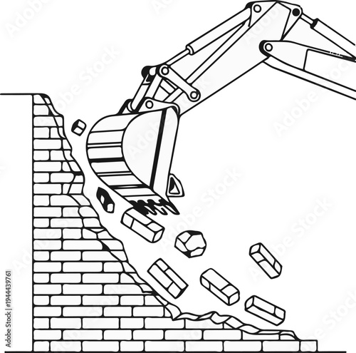 Excavator bucket breaks down brick wall, debris falls