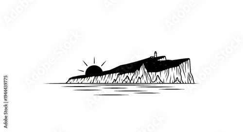 Dramatic seaside cliff with a lighthouse, bathed in rising sun, against calm water