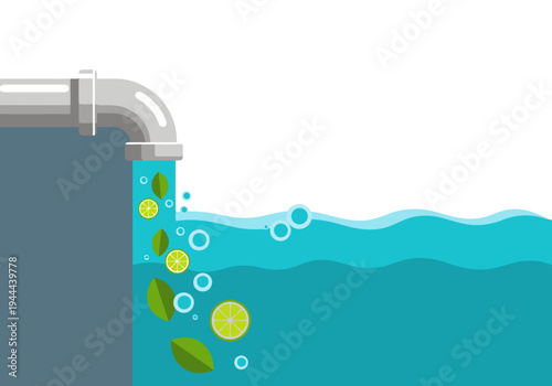 A stylized illustration depicts clean water flowing through a pipe, filtered by lush green plants. Vibrant colors and a modern design create a refreshing visual.