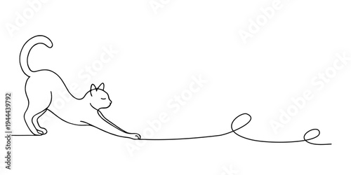 Stretching Cat Line Drawing	Minimalist continuous-line drawing of a cat stretching forward with front paws extended and tail raised, interacting with a looping string-like line