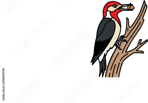 Stylized woodpecker with red head holds acorn on a tree branch