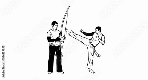 Two men practicing capoeira, one kicks, the other holds a berimbau