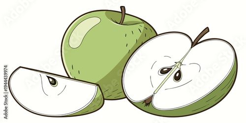 Cartoon green apple cut into slices with seeds visible inside apple slices fruit food