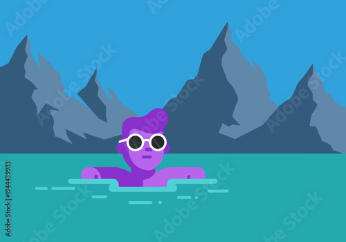 A stylized traveler relaxes in a hot spring, framed by majestic mountains. Vibrant colors and a modern design create a refreshing, inviting scene.