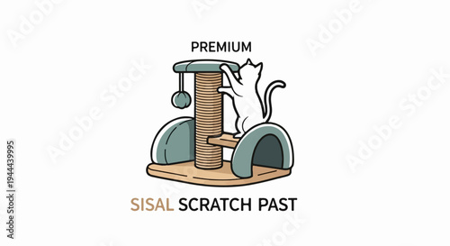 Whimsical illustration of a white cat climbing a sisal scratch post