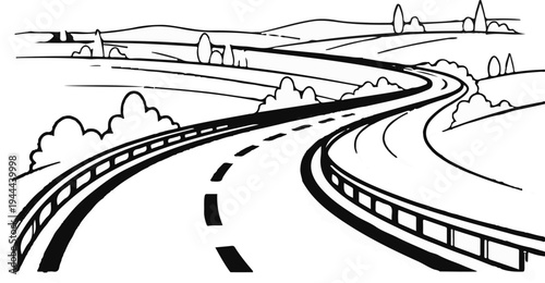 Winding highway curves through rolling hills and stylized foliage