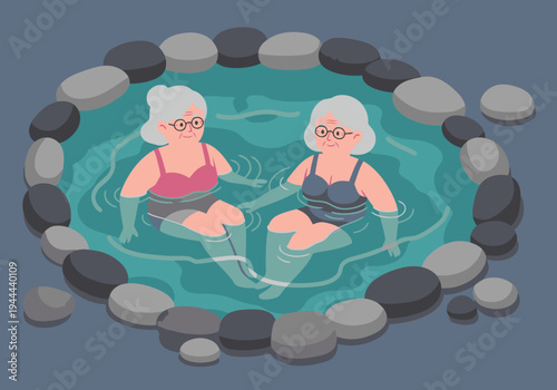 Two senior women relax in a hot spring, enjoying a blissful moment. A charming, warm scene perfect for lifestyle and wellness visuals.