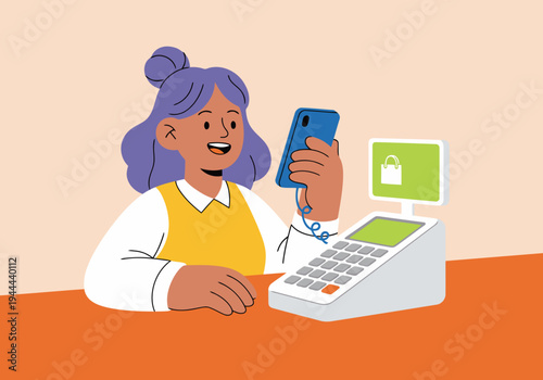 A smiling young woman uses a smartphone to shop online at a clothing store, interacting with a payment terminal. Bright, cheerful illustration.
