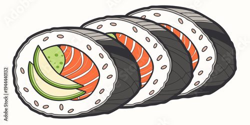 Four sushi rolls with salmon and avocado on white background japanese food