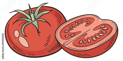 Two red tomatoes one whole and one halved showing seeds